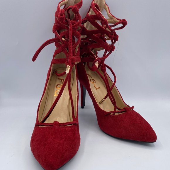 FSJ Shoes - FSJ Red Strappy Heel Pointy Toe Lace up Suede Pump
